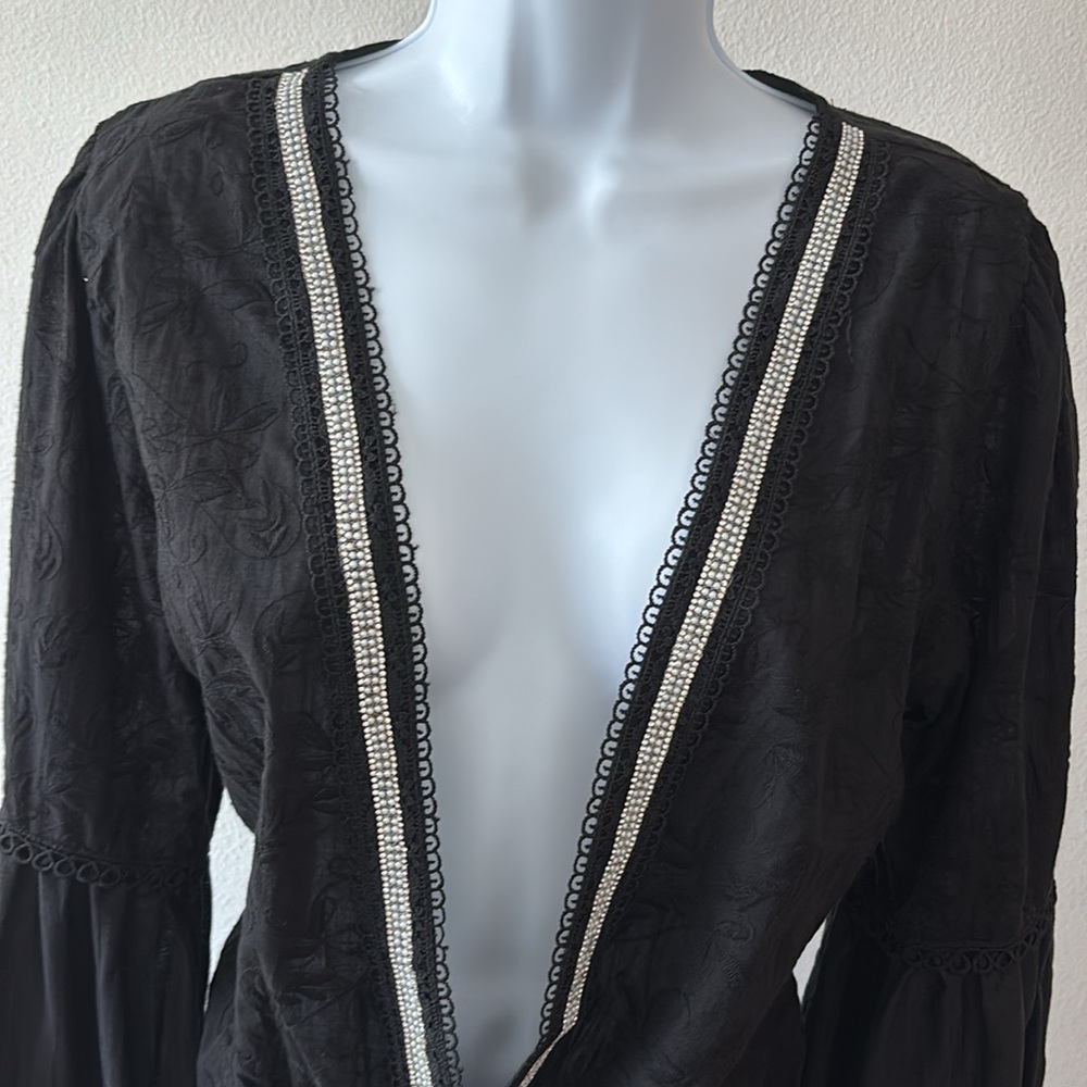 POL Bodysuit M Plunge V Pearl Bishop Smock Lace Trim Dark Fairy Whimsigoth Boho - Picture 12 of 14